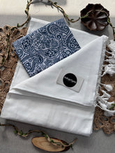 White Handloom Cotton Saree With  Blue Print Blouse